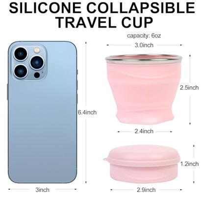 Collapsible Cup with Lid - 6oz Mini Silicone Folding Travel Cup with Steel Rim - BPA Free Small Portable Pocket Cup for Camping, Hiking, Kids, Mouthwash & Pills (Sakura Pink) - color: Sakura Pink