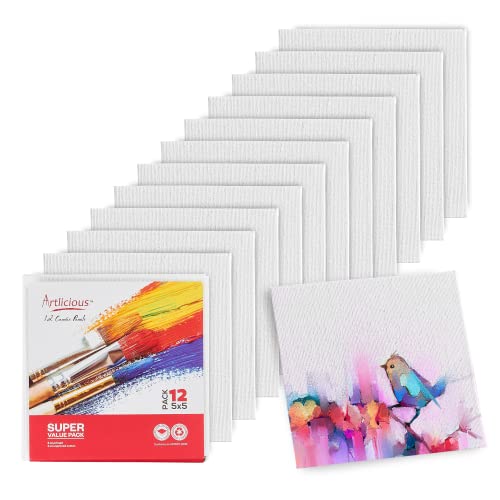 Artlicious Small Canvases for Painting - Pack of 12, 5 x 5 Inch Blank White Canvas Boards - 100% Cotton Art Panels Mini Canvas Bulk for Oil, Acrylic & Watercolor Small Canvas for Painting - size: 5x5" - 12Pcs