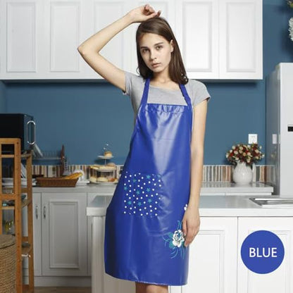 PU Kitchen Oil and Waterproof Aprons for Women with Pocket for Cooking Washing - color: Blue