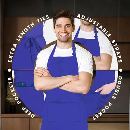 Adjustable Bib Apron 100% Polyester Kitchen Aprons Waterdrop Resistant Aprons with Adjustable Strap, Pockets & Long Ties - color: Royal Blue, style: Pack of 2