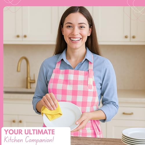 Native Fab Kitchen Apron 2 Pack - 100% Cotton Adjustable, Durable Apron with Pockets, Perfect for Cooking, Baking, Grilling - color: Buffalo, Rose Pink