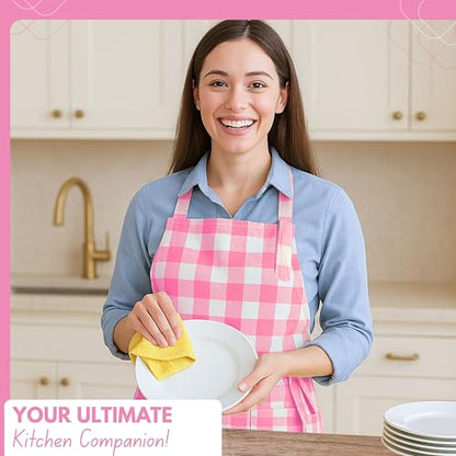 Native Fab Kitchen Apron 2 Pack - 100% Cotton Adjustable, Durable Apron with Pockets, Perfect for Cooking, Baking, Grilling - color: Buffalo, Rose Pink