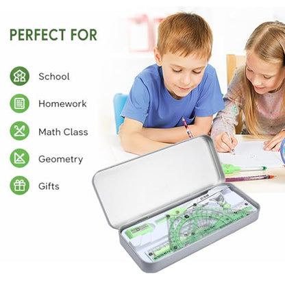 Compass Geometry Tool 9 Pcs Protractor and Compass Set Geometry Set Drawing Compass with Shatterproof Storage Box Includes Rulers Protractor Compass Eraser Pencil Sharpener Green