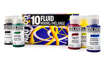 GOLDEN Fluid Acrylics Mixing Set, 10 x 30 ml Bottles | Mix an extensive range with this limited palette of flowing, richly pigmented artist grade colors.