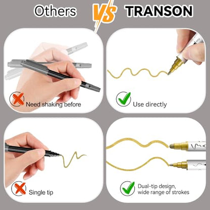 TRANSON 3 Gold, 3 Silver, 1 Black and 1 White Paint Markers Bold and Fine Dual-tip Acrylic Paint Marker Set for Rock Painting Glass Canvas Wood Leather Ceramic Painting - style: Bold and Fine 3 Gold 3 Silver 1 Black and 1 White