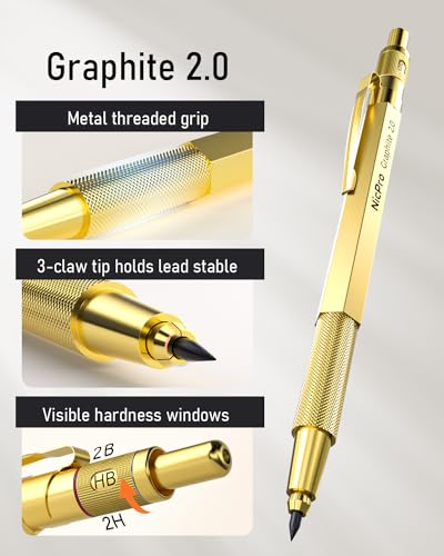 Nicpro 35PCS Gold Art Mechanical Pencils Set, 3 PCS Metal Drafting Pencil - color: Gold, style: 0.5 0.7 0.9 2.0