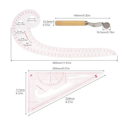 3pcs Clothing Patterning Ruler Sew French Curve Ruler Metric Shaped Plastic Sewing Tools Include Curve/Triangular Rule Tracing Wheel for Beginners Tailors Designers (3pcs)
