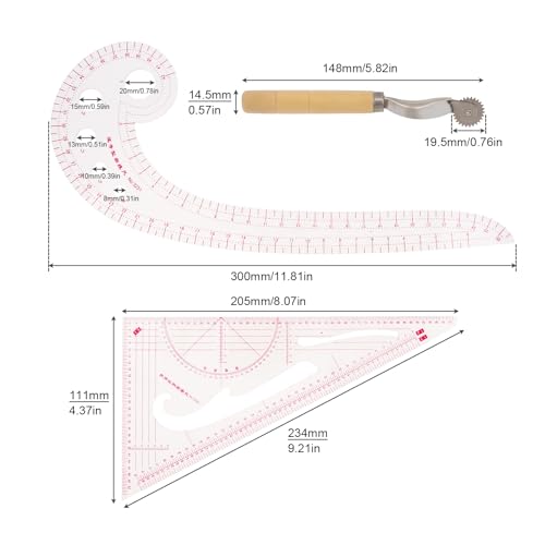 3pcs Clothing Patterning Ruler Sew French Curve Ruler Metric Shaped Plastic Sewing Tools Include Curve/Triangular Rule Tracing Wheel for Beginners Tailors Designers (3pcs)