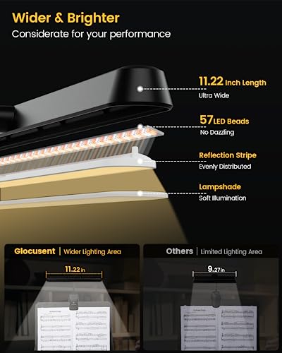 Glocusent Rechargeable Music Stand Light, 11.2” Wide Piano Light | 57 LED Clip On Light, 3 Colors & 5 Brightness Piano Lamp,140Hrs Runtime, For Musician/Piano Player/Sheet Music/orchestra - color: Black