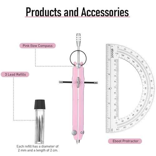 EBOOT Student Geometry Math Set, Metal Drawing Compass and 6 Inch Clear Swing Arm Protractors 180 Degree Math Protractor(Pink) - color: Pink