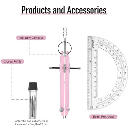 EBOOT Student Geometry Math Set, Metal Drawing Compass and 6 Inch Clear Swing Arm Protractors 180 Degree Math Protractor(Pink) - color: Pink
