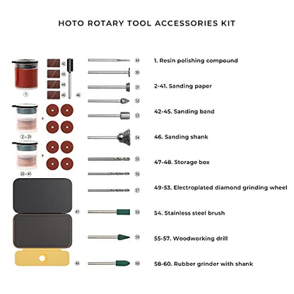 HOTO Rotary Tool Accessories Kit, 60-Piece Set, Fits 1/8'' (3.2mm) & 3/32'' (2.3mm), Sanding, Grinding, Cutting, Drilling, Sharpening, Carving & Engraving