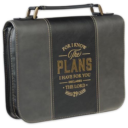 Christian Art Gifts Classic Vegan Leather Premium Inspirational Bible Cover for Men & Women: Know the Plans Encouraging Scripture, Pen Loops, Ribbon Bookmarks, Pockets, Charcoal/Black/Gold, Medium - size: Medium