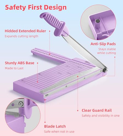 Firbon 12" Guillotine Paper Cutter with Hidden Ruler, Compact Paper Trimmer | 12-Sheet Capacity | Purple | Dual Scales | Paper, Cardstock & Photo Trimming | Scrapbooking Craft | Office, Home & Studio Use - color: Purple