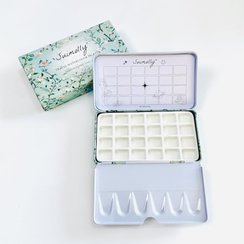 Watercolor Palette,Travel Watercolor Palette Portable Ceramic Palette,Empty Paint Palette,Small Travel Metal Paint Boxwith Porcelain Palette (24Well) - color: Green