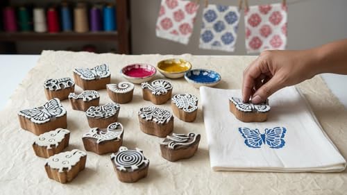 CraftsofIndia® Animals and Birds Wooden Blocks for Stamping, Block Printing on Textiles, Pottery Crafts,Henna, Wall Painting (Set of 15) - size: Pack # 100