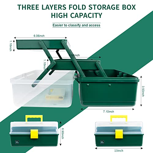 Creahaus 13 inch Art Craft Organizer Storage Box with 3 Layer, Multipurpose Plastic Tool Box with Handle for Sewing, Art Supply, Medicine, Nail, Hair Accessories (Dark Green) - color: Dark Green