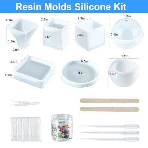 Resin Molds Silicone Kit 20Pcs,Epoxy Resin Molds Including Sphere,Cube,Pyramid,Square,Round, Used for Create Art,DIY,Coasters,Candles.Bonus Decorative Sequins and The Complete Set(20PCS Resin molds)
