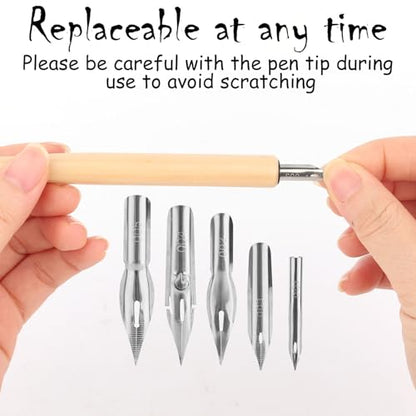 Penitue Comic Dip Pen Set with 2 Wooden Holders & 10 Stainless Steel Replacement Nibs, 5 Styles Manga Dip Pen Ink Nibs for Calligraphy Drawing Writing Sketching Signing - style: Style 1