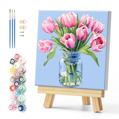 Natuyalo Paint by Numbers Kit for Adults Beginners, 12" Wx12 L Painting by Numbers Kit on Canvas Acrylic Drawing Kits Ready to Stretch and Framed, Pink Flowers - color: Color-02