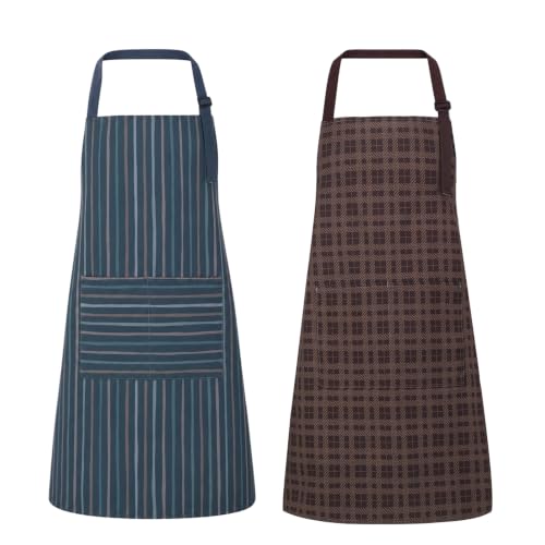 2 Pack Waterproof Kitchen Apron, Striped Bib Apron with 2 Pockets | Lightweight Polyester, Ideal for Cooking, Baking, BBQ, Dishwashing, Gardening, Cafe Work - color: Dark Blue Vertical Stripe/Brown Plaid