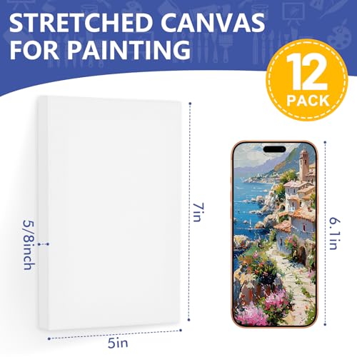 FUMILE 5x7 Canvas for Painting, 12 Pack Stretched Small Canvases for Painting-5/8 in Profile Primed White Blank Painting Canvas Value Pack for Oil & Acrylic Paint - size: 5x7 in