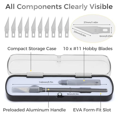 Exacto Knife Set, 12 Pcs Precision Craft Knife Kit with Aluminum Handle (Preloaded Blade), 10 Sharp #11 Hobby Knife Blades, Storage Case – for Paper, Foam, Plastic, Leather, Wood