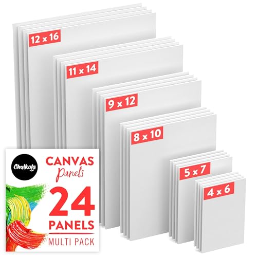 Chalkola 24 Pack Paint Canvases for Painting - Blank Art Canvas Panels | Multipack 4x6, 5x7, 8x10, 9x12, 11x14, 12x16 inch (4 Each) - 100% Cotton, Primed, Acid Free Art Canvas Boards for Painting - size: 24 - 4x6, 5x7, 8x10, 9x12, 11x14, 12x16, style: Var