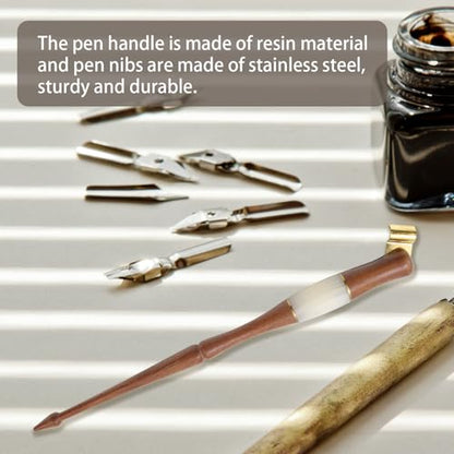 Wood Calligraphy Oblique Dip Pen Holder Set | Removable Nib Pen Handle with 5 Nibs for English Calligraphy Drawing Comic, Brown - color: Brown