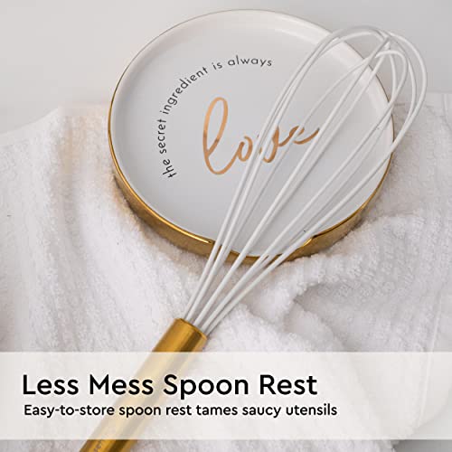 STYLED SETTINGS White Utensil Holder with Built-In Ceramic Spoon Rest | 2-Piece White and Gold Spatula Holder, Kitchen Accessory, Utensils Not Included, White & Gold - color: White & Gold