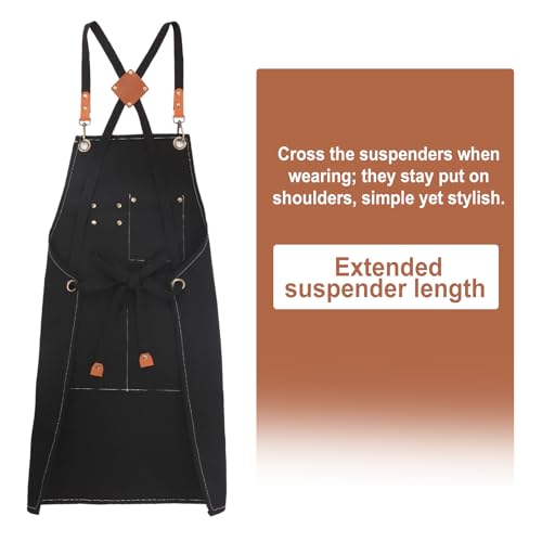 Men's Canvas Tool Apron, Heavy Duty Multi-Pocket Work Apron for Woodworking Gardening Bartender Adjustable Straps - color: Black
