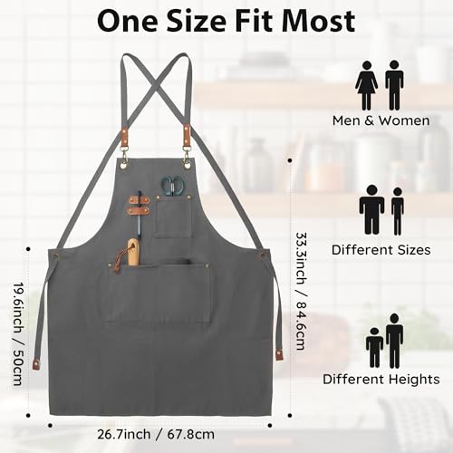 Chef Canvas Aprons with 3 Large Pockets Adjustable Strap for Men Women - color: Gray