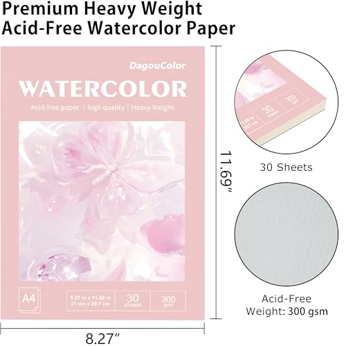 DagouColor Watercolor Paper Pad, 30 Sheets - Butterfly Pink, A4, 1 Pack | 140lb/300gsm Cold-pressed Paper, Artist Book for Adults Beginners, Painting, Drawing, Mixed Media - color: Butterfly Pink
