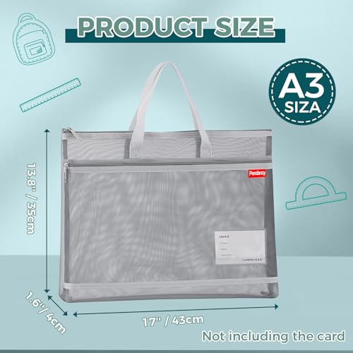 Pendancy Gray Document Bag, Fits A3 Paper, Mesh Pouch with Handle | 13 x 17 in Large Zipper File Bag with 2 Compartments, Semi-Transparent Mesh and Foldable Nylon for Documents and Supplies - color: Translucent Gray, style: DIY Label Type A3 Size(13x17in)