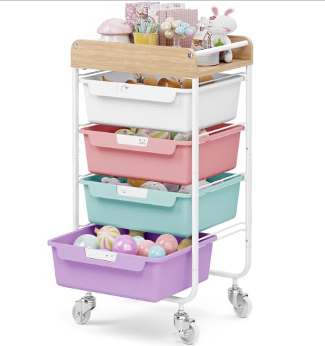 SYKIARIOL Rolling Utility Storage Cart,4 Labeled Ice Cream Colored Drawers - color: Ice Cream, size: 4-Drawer