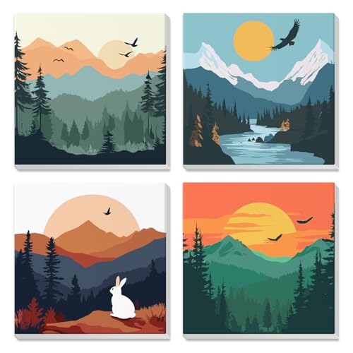 4 Pack Paint by Numbers for Adults with Wooden Framed, Nature Scenery, Sunset, Paint by Number Kits on Canvas for Beginner, DIY Acrylic Oil Painting Kits for Home Decor 8x8 inch, Mountain Landscape - color: blue-landscape