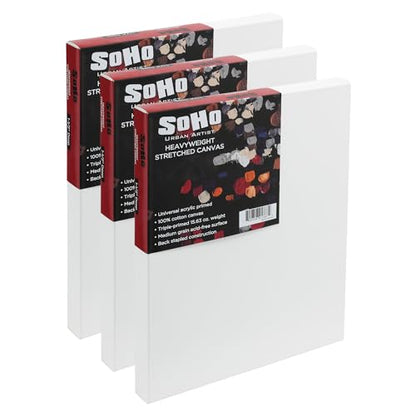 SoHo Urban Artist, 12x16 Heavyweight Stretched Cotton Canvas for Painting - 1.5" Deep- 3 Pack, Triple Primed, 100% Cotton Canvas, Archival, Universal Primed for Oil, Acrylic, Alkyd, Mixed Media