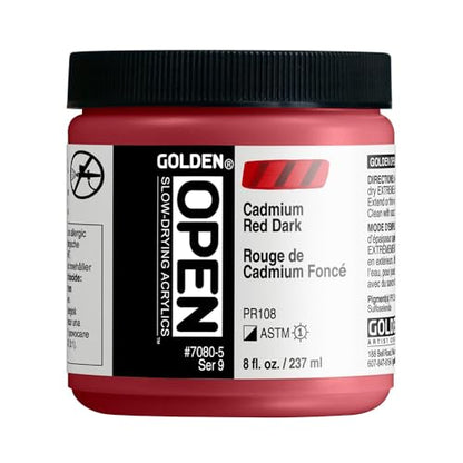 GOLDEN OPEN Slow-Drying Acrylics, Cadmium Red Dark, 8 fl. oz. Jar