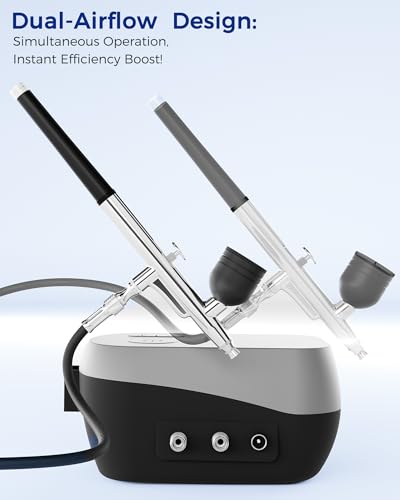 Airbrush Kit with Air Compressor,Dual-Action & Dual-Airflow 50 PSI High Pressure Air Brush with 0.2/0.3/0.5mm Nozzles & Cleaning Sets, for Painting, Nails, Modeling, Makeup, Cake Decor,
