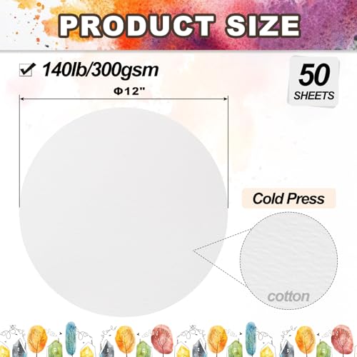 PATIKIL 50 Sheets Cotton Watercolor Paper Round 140lb/300 GSM Cold Press Water Coloring Paint Paper for Art Painting Watercolor Drawing Artist, 12 Inch - size: 12 Inch