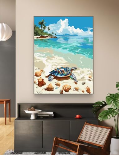ZRIZQ Beach Paint by Numbers Kit for Adults Beginner,Turtle,16x20 | Full set with rich paints,wooden brushes,rolled canvas.Calming activity.Beginner friendly.Just open and paint. - color: 16"X20"Rolled Canvas-Landscape 14