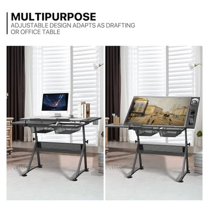 Adjustable Height Drafting Table with Stool, Modern Style, Tough Glass Top, 28-36 in Length, 19 in Width, 30 in Height, Ideal for Artists, Designers, Office, Studio | Tough Glass Top, 28-36 in Length, 19 in Width, 30 in Height, Ideal for Artists, Designer