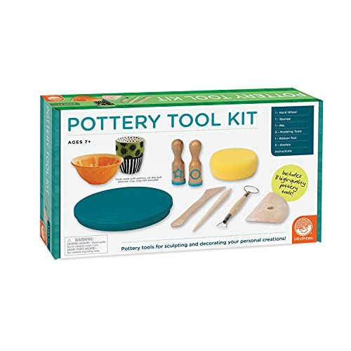MindWare Beginner Pottery Tool Kit for Kids - 8 Piece Set Includes Hand Wheel, Sponge, Rib, Molding Tools and More