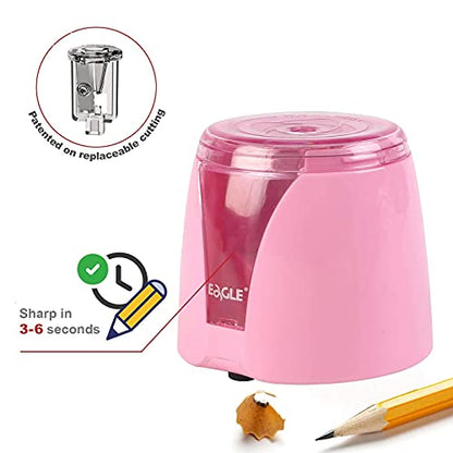 Eagle Electric Pencil Sharpener, Battery Powered, Large Shaving Holders, Carbon Steel Blades, Portable, Reusable and Replaceable Blade, Suitable for Kids, Home, School and Office use (Pink) - color: Pink