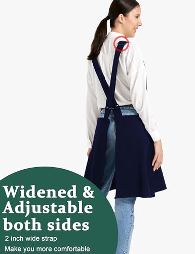 Cozy Adjustable Cross Back Aprons for Women with Pockets Cotton Linen Cooking Kitchen Baking - color: Navy Blue