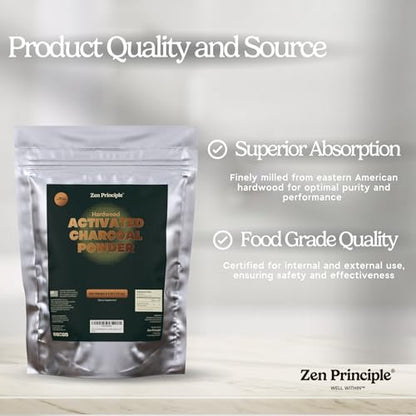 Zen Principle Hardwood Activated Charcoal Powder 100 Percent from USA Trees. All Natural. Whitens Teeth, Rejuvenates Skin and Hair, Supports Better Digestion, 40 Oz