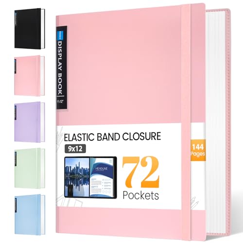 Sooez Art Portfolio 9"x12", 72 Pockets Large Portfolio Folder Display | 144 Pages, Binder with Plastic Sleeves&Elastic Band, Presentation Book with Clear Sheet Protector for Artwork Organizer - color: Pink