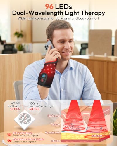 Red Light Therapy Hands Wrist Wrap, Cordless Infrared Heating Pad, 96 LEDs | 660nm/850nm infrared light, rechargeable, portable, timer, belt for arm, knee, feet, body, therawrap for carpal tunnel, home