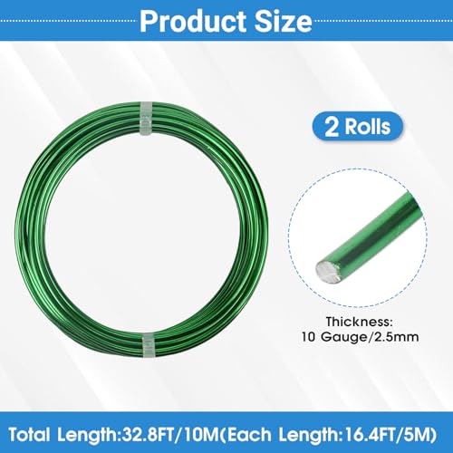 2 Rolls Aluminum Craft Wire, 10 Gauge (2.5mm) Flexible Metal Wire for Jewelry Making, 32.8 Ft (16.4 Ft/Roll) Bendable Armature Wire for Bonsai, Sculpting and DIY Crafts [Green] - size: 10Gauge 16.4Ft Each, style: Green