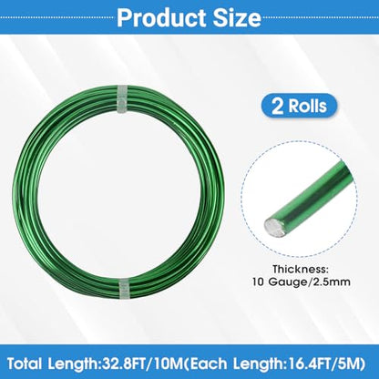 2 Rolls Aluminum Craft Wire, 10 Gauge (2.5mm) Flexible Metal Wire for Jewelry Making, 32.8 Ft (16.4 Ft/Roll) Bendable Armature Wire for Bonsai, Sculpting and DIY Crafts [Green] - size: 10Gauge 16.4Ft Each, style: Green